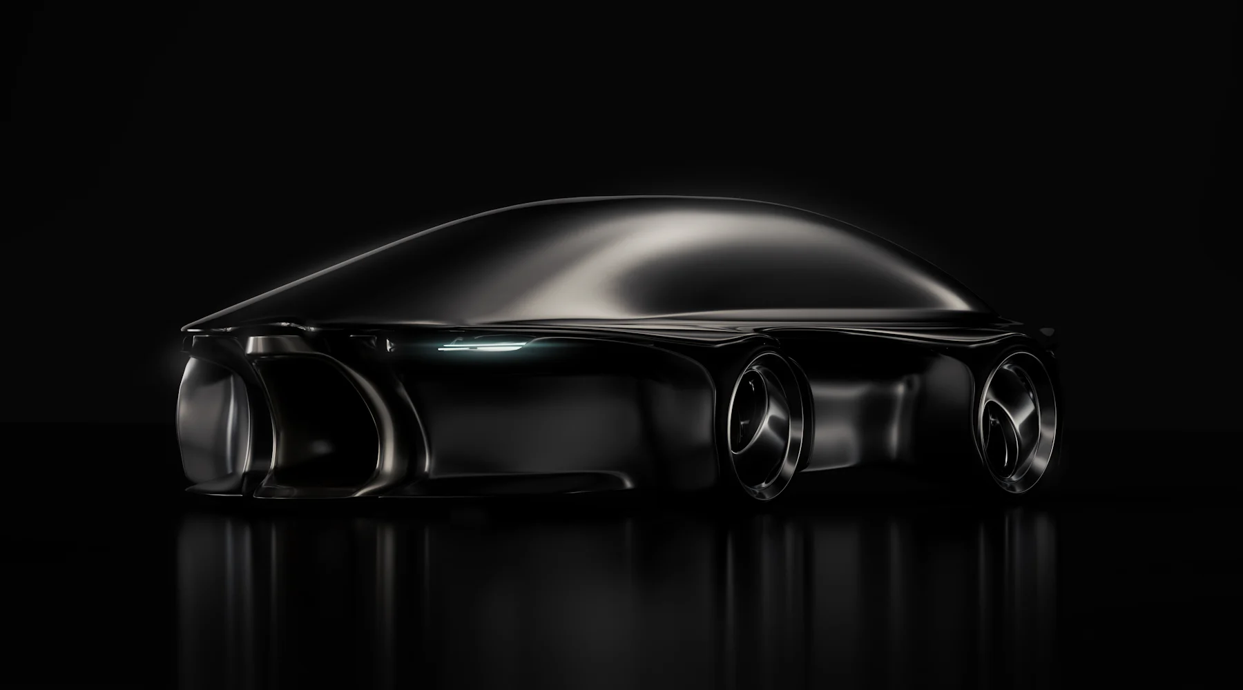 A black hypercar, low and wide, catching a single line of light in a dark room