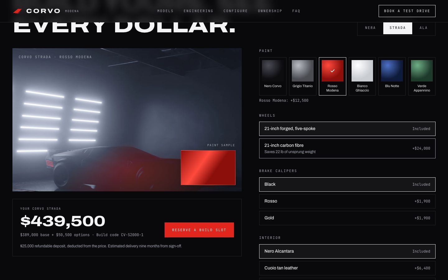 The configurator: paint swatches, wheels and packs beside the car, a paint sample and the running total.