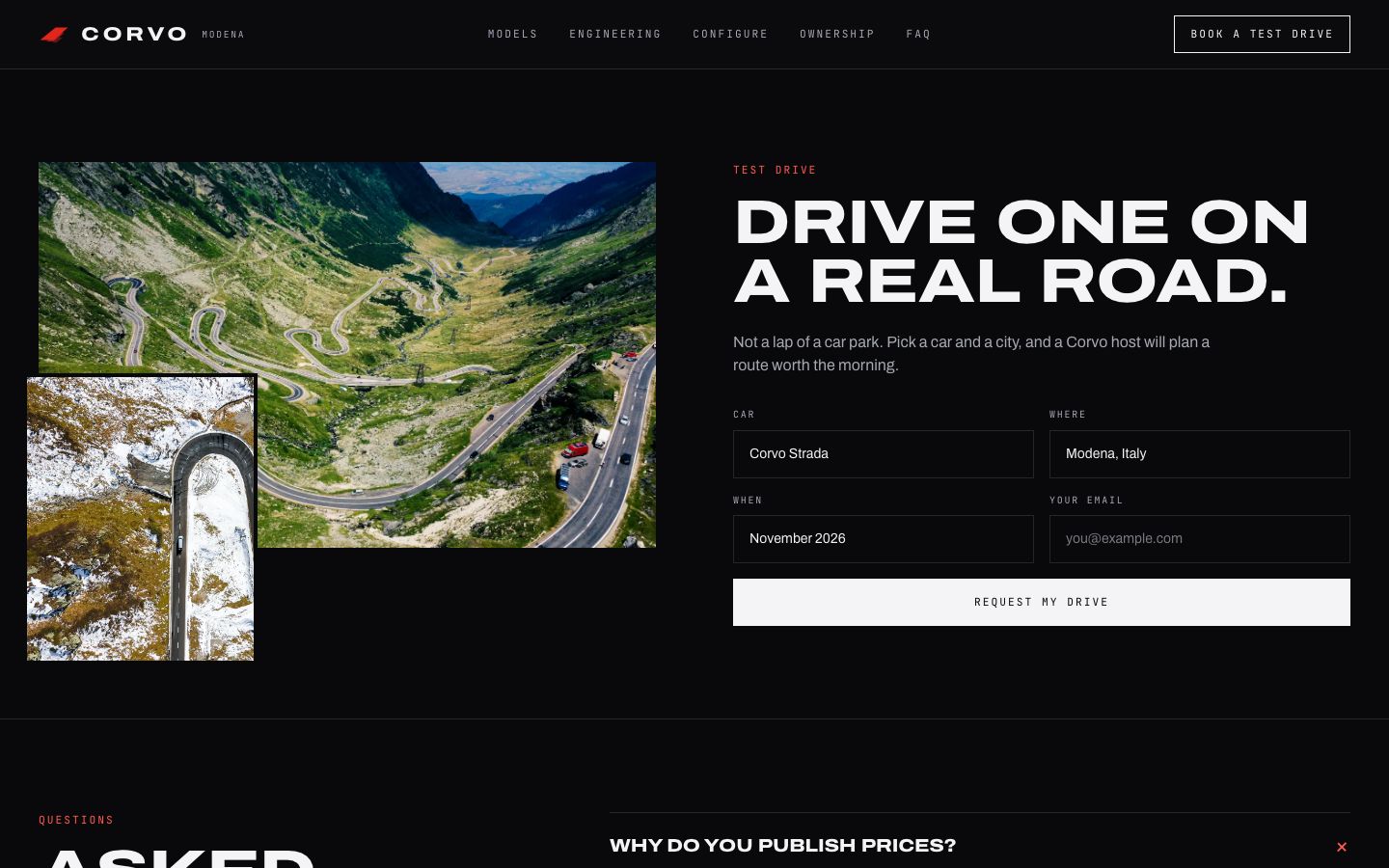 Test-drive booking: a mountain road from above beside a four-field form.