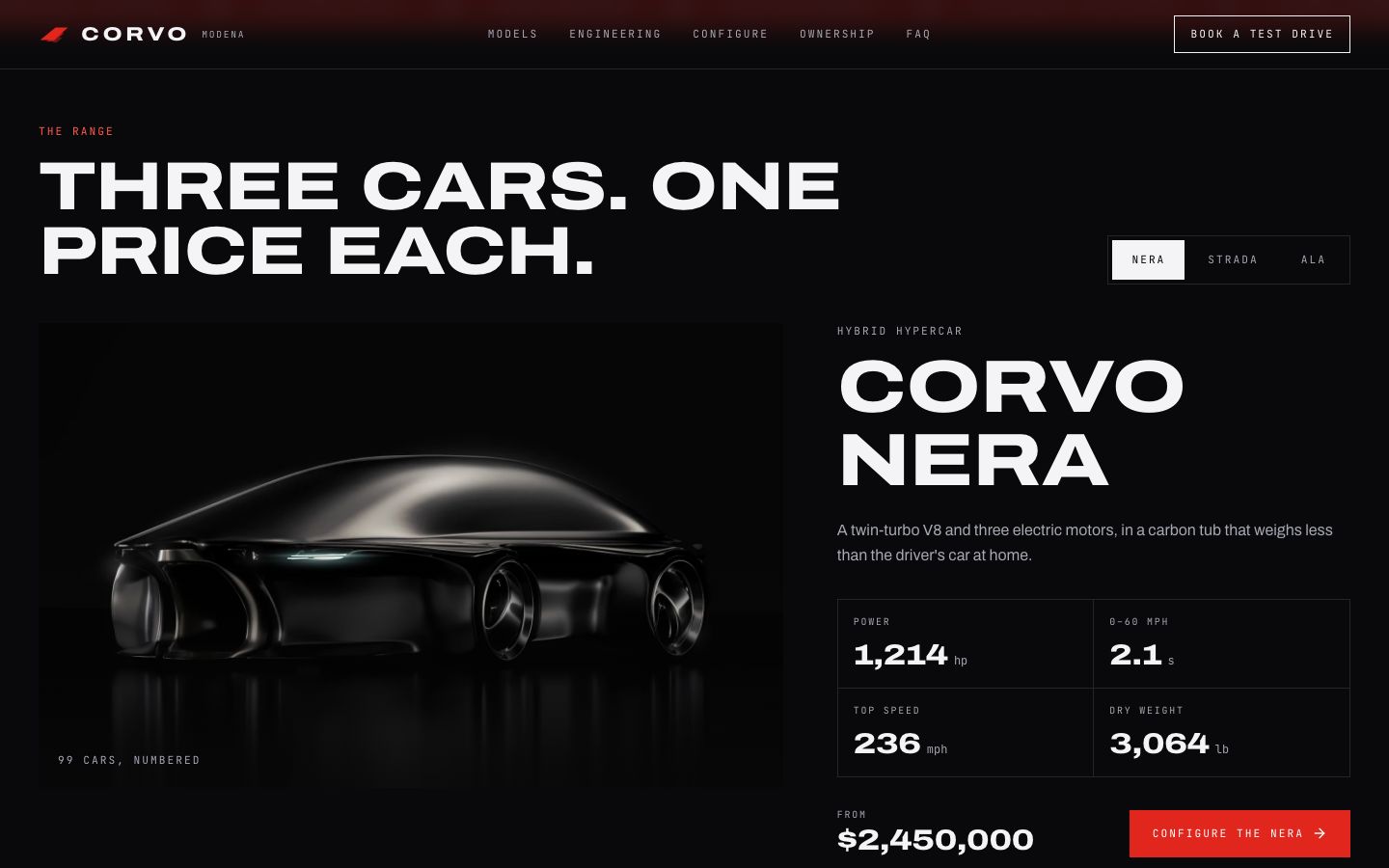 The model range: the Corvo Nera with its specification sheet, price and a button to configure it.