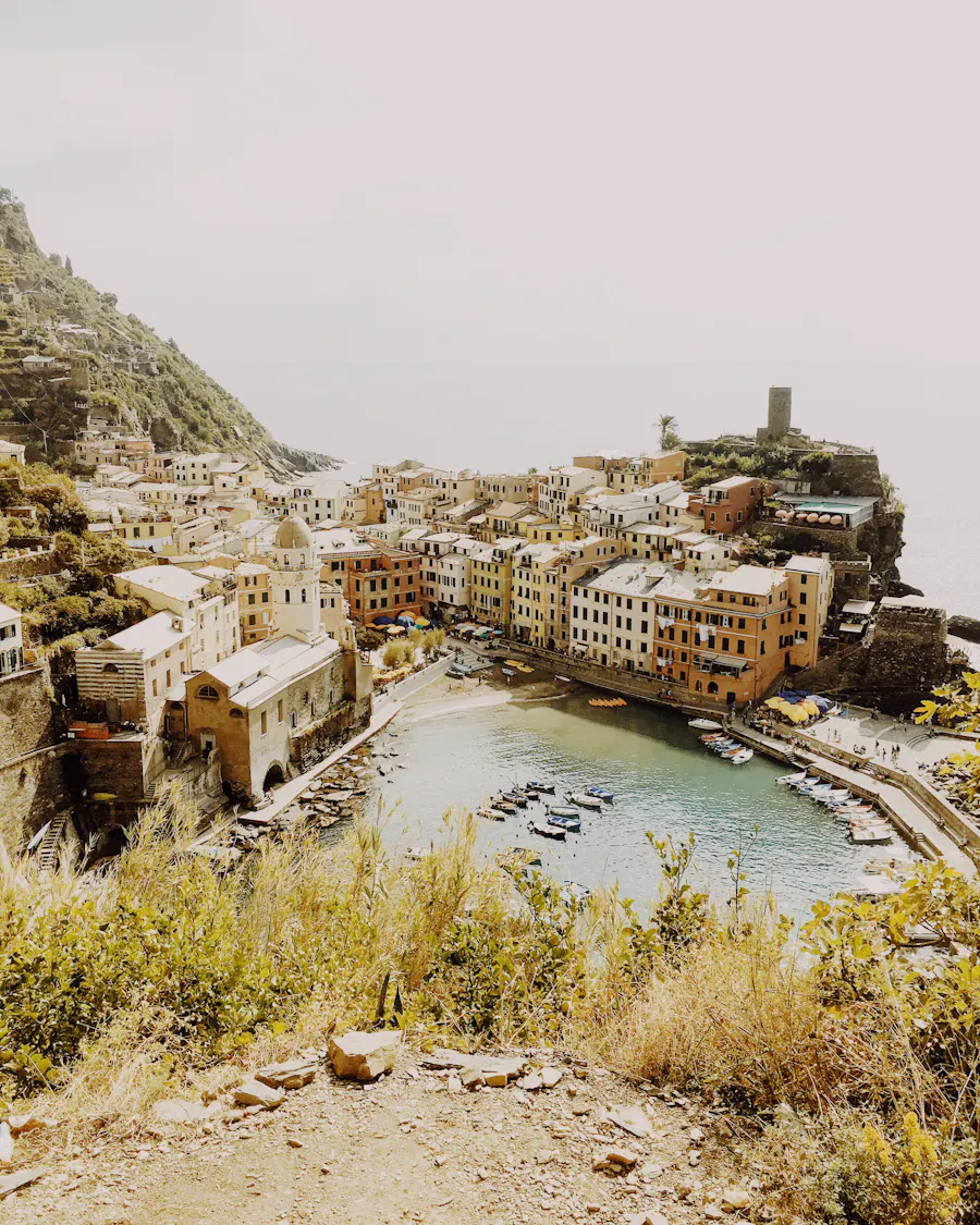 Vernazza from above: a harbour of small boats ringed by coloured houses