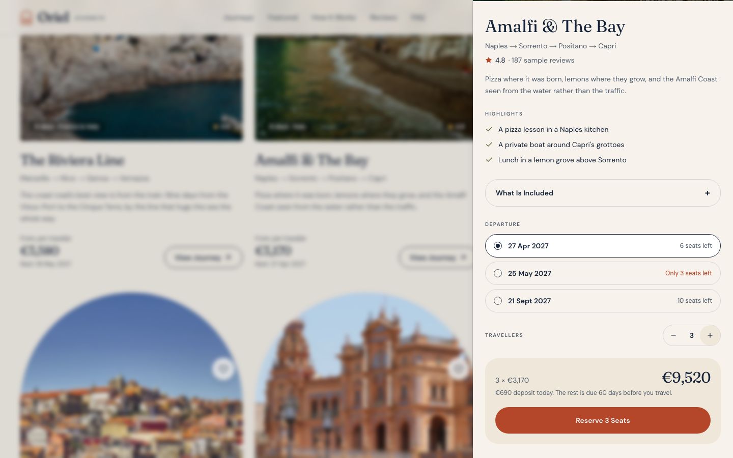 A journey drawer with departure dates, seats left, a traveller count and the total in euros.