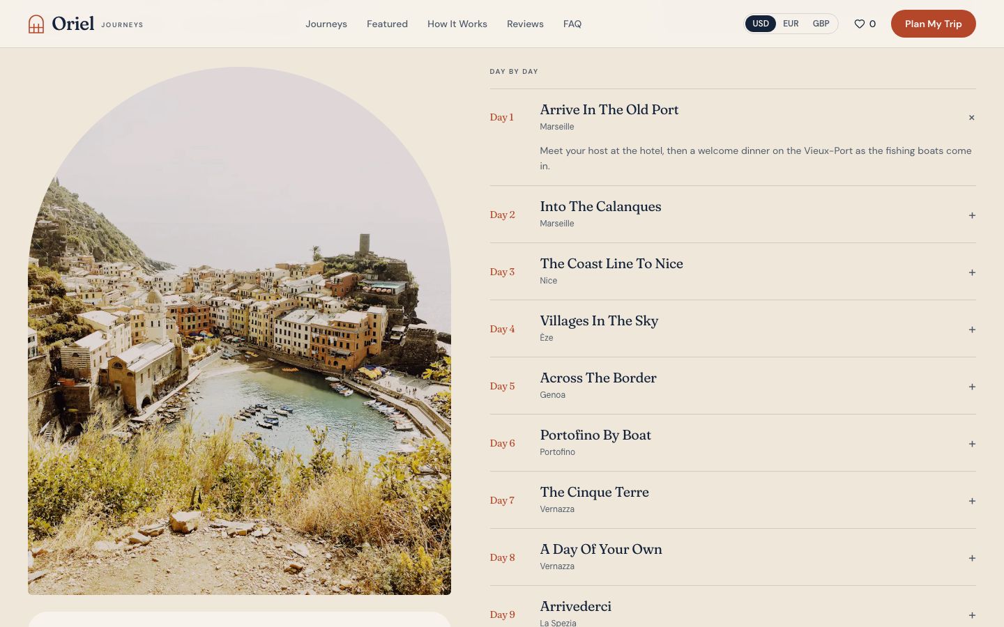 The Riviera Line: a route map from Marseille to Vernazza beside a day-by-day itinerary.