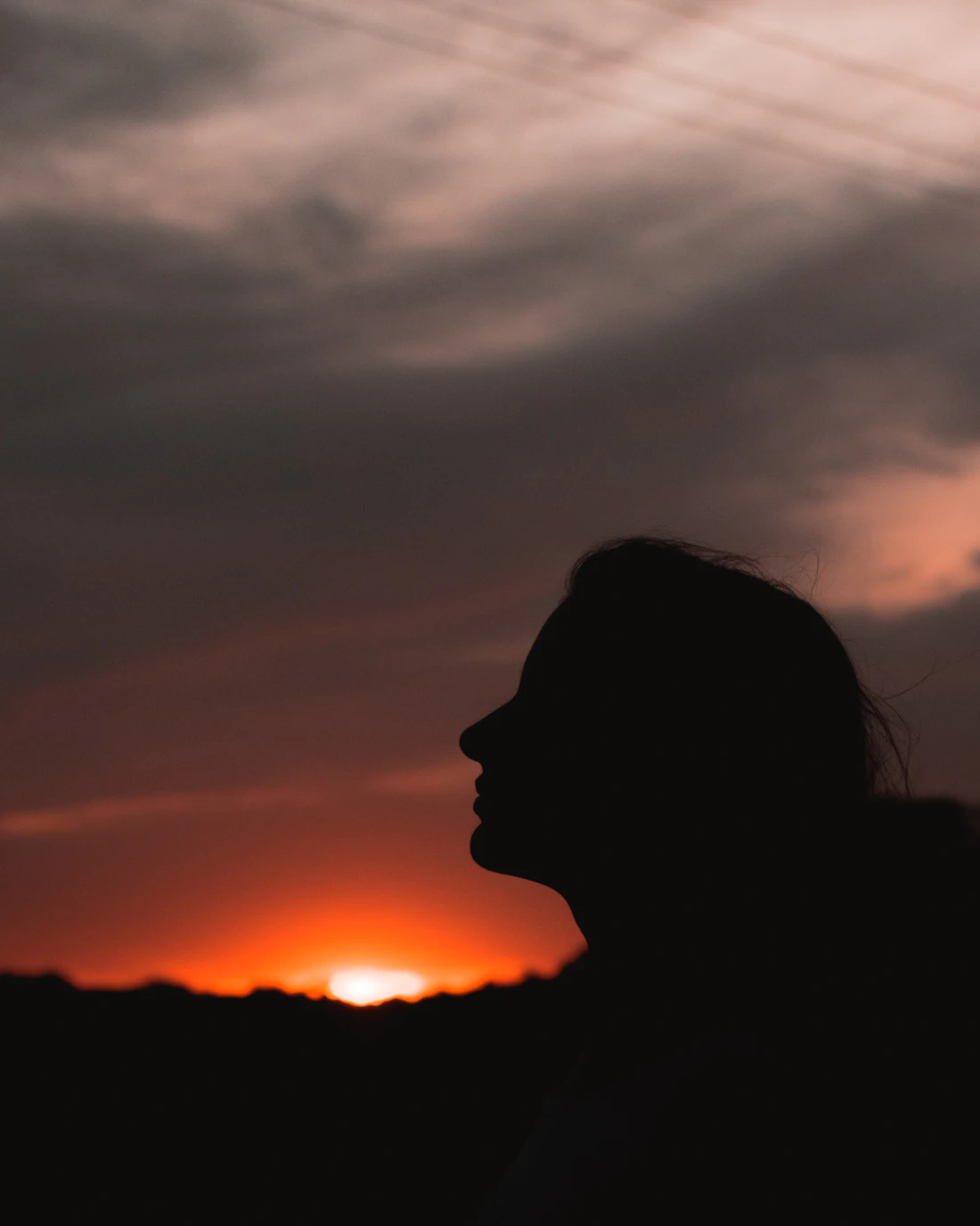 A woman in silhouette against a dusk sky