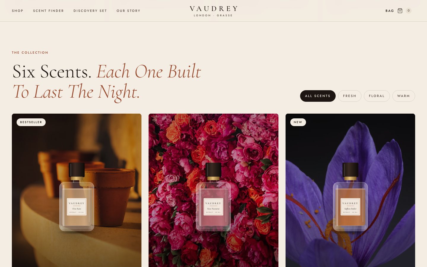 The collection: six Vaudrey bottles, one per scent, each over a photograph of its key ingredient, with mood filters above.