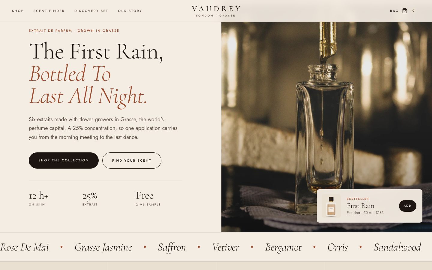 The Vaudrey home page on desktop: a serif headline on warm paper beside a photograph of perfume being drawn into a glass bottle.