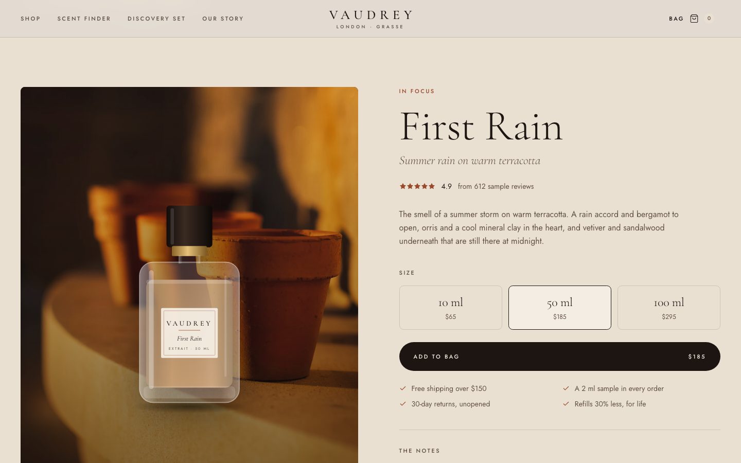 The product page for First Rain: size selector, add to bag, the notes and a timeline of how the scent wears over twelve hours.