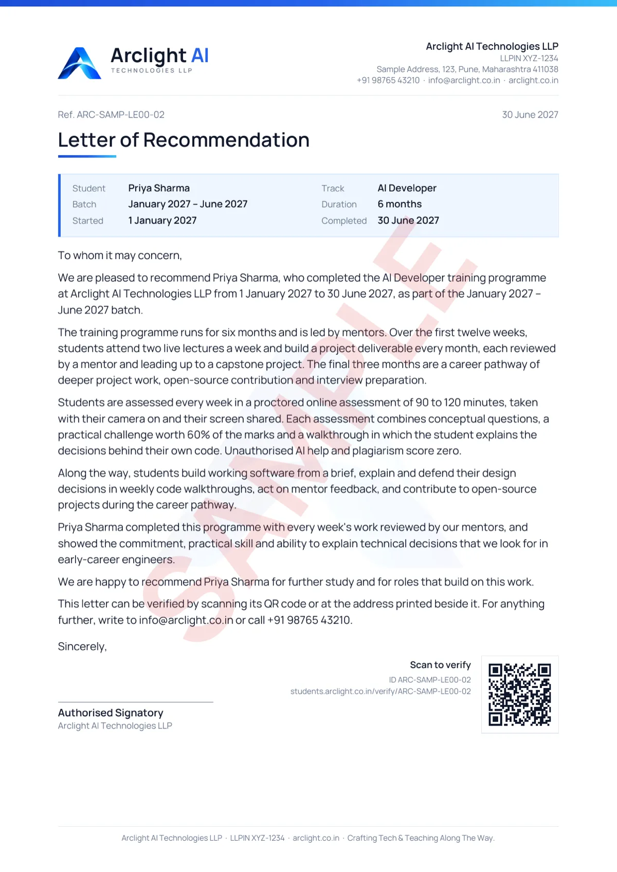 Sample letter of recommendation
